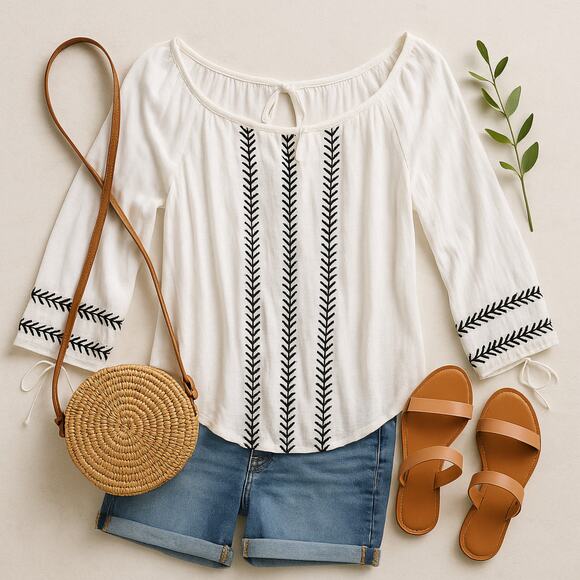 American Eagle Top Womens Medium Embroidered Peasant Keyhole White Long Sleeve - Picture 2 of 11